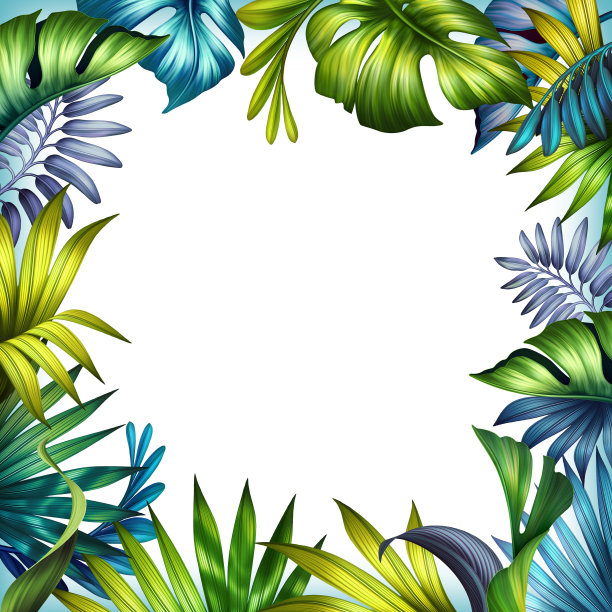 数字插图，植物背景，色彩丰富的热带棕榈叶，野生丛林叶框架与白色复制空间，贺卡模板图片下载