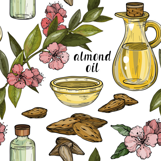 用杏仁、树枝和油做成的无芯图案。化妆品和食品植物。图片下载