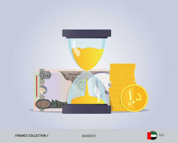 沙漏，1000枚阿拉伯联合酋长国迪拉姆纸币和硬币。平面风格矢量插图。时间和经营理念。图片下载