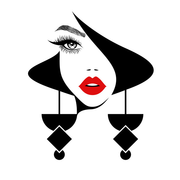 美丽的标志。美丽性感的脸庞，红唇，时尚女性，元素设计，黑色发型，大几何耳环，发廊标志，图标。矢量插图。手绘的风格。图片下载