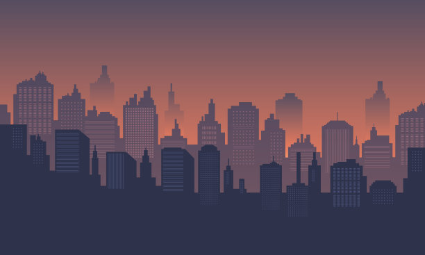 城市背景在黄昏时分，市中心有许多商场和公寓。图片下载