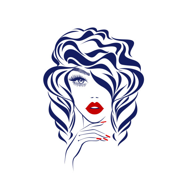 美丽性感的脸庞，红唇，时尚女性，元素设计，卷发，发廊标志，偶像。美丽的标志。矢量插图。手绘的风格。图片下载