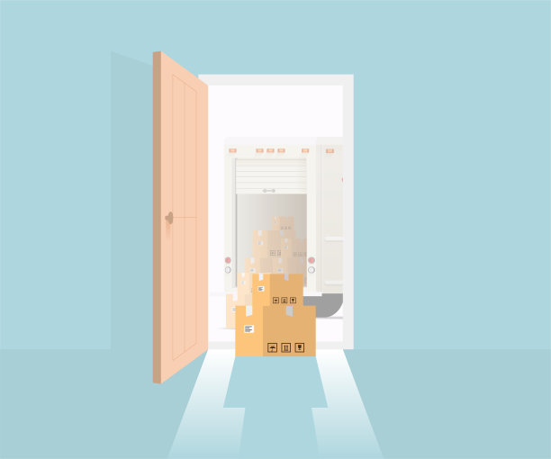 送货到门的概念，打开前门和递送包裹箱和送货卡车外面。矢量图图片下载