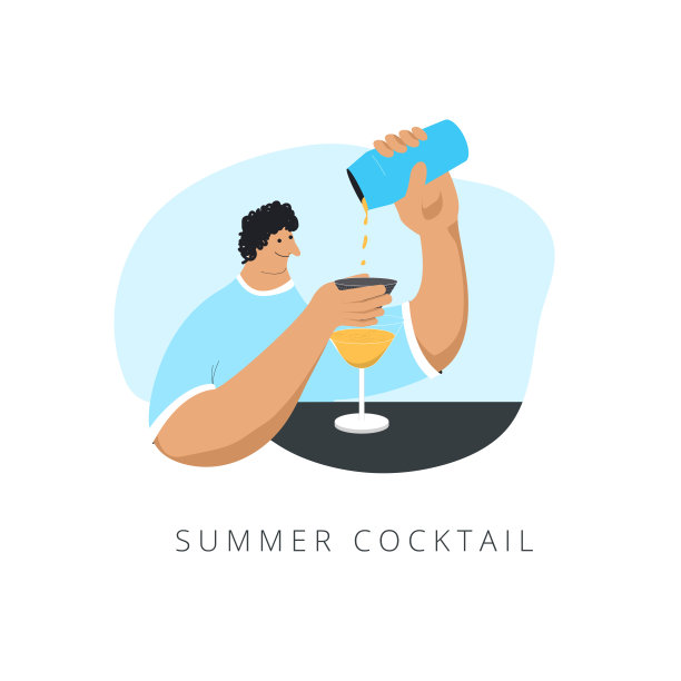 夏季鸡尾酒平风格插图。一个穿着蓝色t恤的人把鸡尾酒从调酒器倒进玻璃杯里图片下载