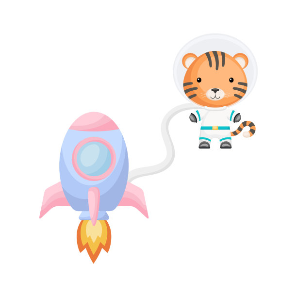 可爱的小老虎宇航员在开放空间飞行。图形元素的儿童书籍，相册，剪贴簿，明信片，邀请。图片下载