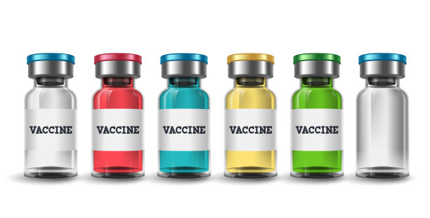 疫苗瓶向量集。疫苗瓶模型与各种颜色的疫苗接种和免疫设计元素图片下载