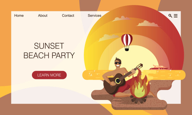 日落时分的沙滩和大海。年轻的男吉他手在篝火旁弹奏吉他。旅游网站的概念，登陆页图片下载