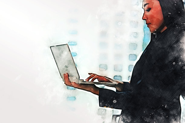 抽象多彩的商业亚洲女性工作和讨论水彩插画绘画背景。图片下载