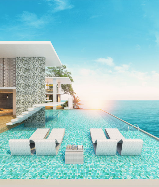 带游泳池的现代住宅，海景图片下载