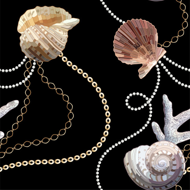 无缝模式与贝壳，珊瑚和链。海洋主题背景。图案在航海风格与海贝壳。图片下载