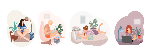 一群自由职业者。在家远程工作的女性。家庭办公场所。十几岁的女孩在家里准备考试。远程教育。在线学习。向量图片下载