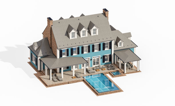 殖民风格的现代古典住宅的3d渲染，孤立在白色上图片下载