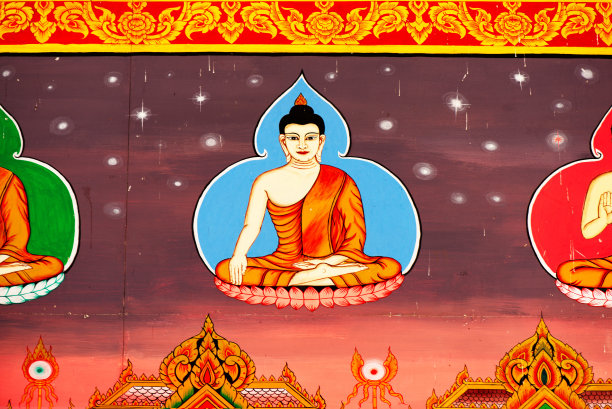 泰国乡村寺庙墙壁上的绘画。图片下载