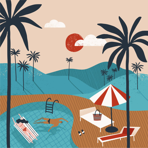 夏季游泳池派对假期插图。人们在游泳池附近休息图片下载