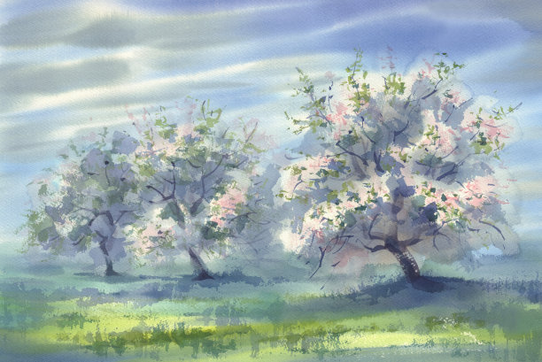 开花阳光花园在春天的水彩背景图片下载