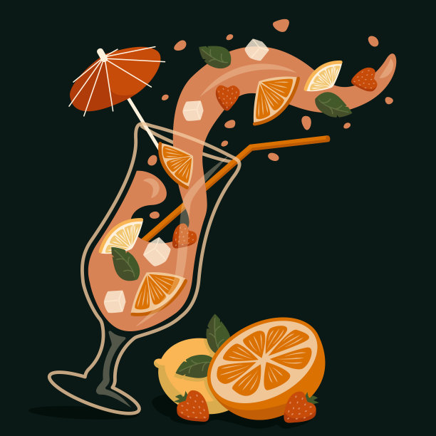 一杯由橙子、柠檬、草莓和薄荷混合而成的鸡尾酒倒在一个深色的背景上。图片下载