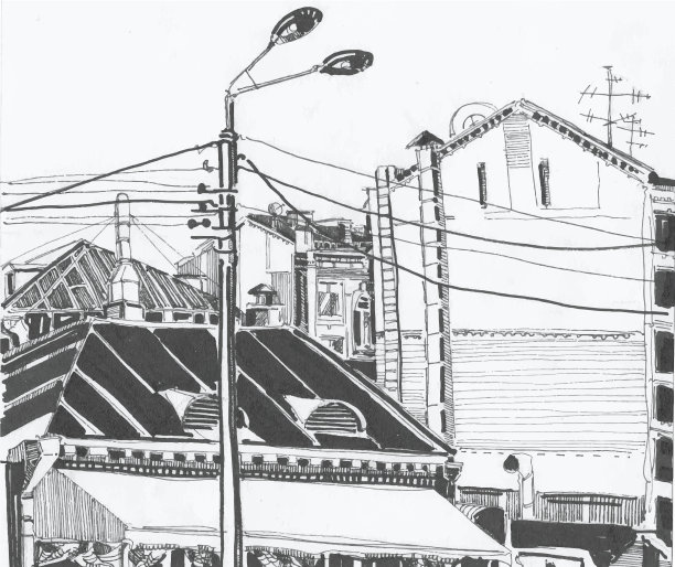 在城市的街道上用手绘的线条素描。都市浪漫景观配灯笼。可爱的手绘房子有窗户，涂鸦房屋，图形插图。图片下载