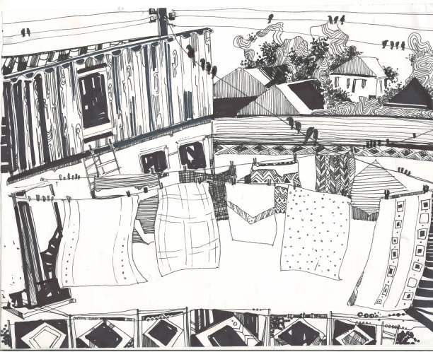 手绘线条素描风格的乡村住宅。乡村浪漫景观亚麻布在晒衣绳上晒干。可爱的手绘房子有窗户，涂鸦房屋，图形插图。图片下载