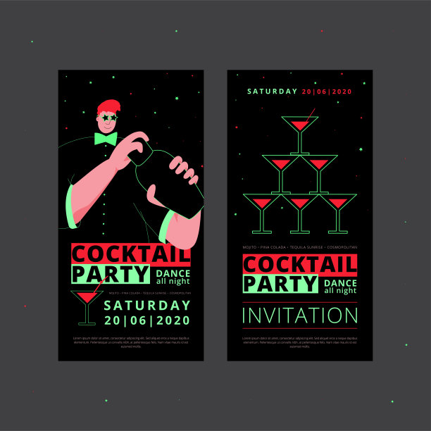 鸡尾酒的邀请。海报一种传单或海报设计，上面有酒保在黑色背景上拿着鸡尾酒调酒器矢量图图片下载