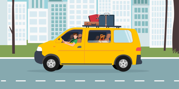 一个人和一只狗在一辆旅游面包车上旅行，背景是城市图片下载