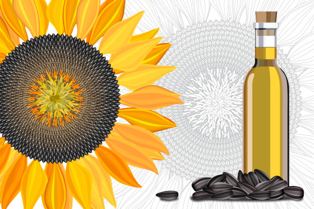 一瓶向日葵油和花在白色的背景。图片下载