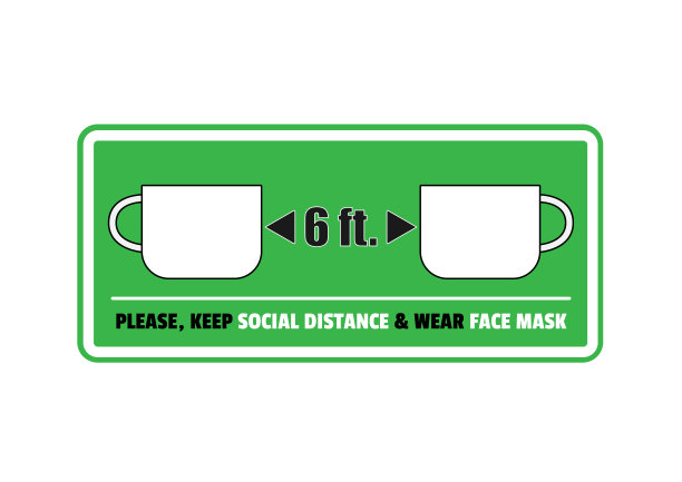 咖啡店保持距离标志平面矢量设计与白色背景隔离，covid-19社交距离概念设计。图片下载