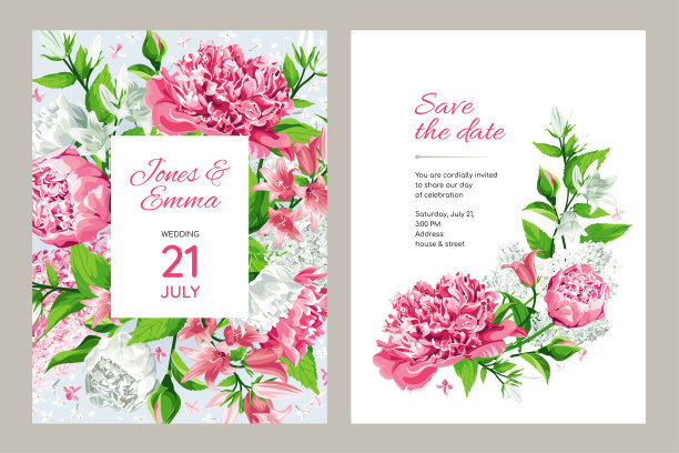 婚礼邀请卡。框架文字和花-粉红色和白色玫瑰，牡丹，风铃草和丁香孤立在白色背景。图片下载