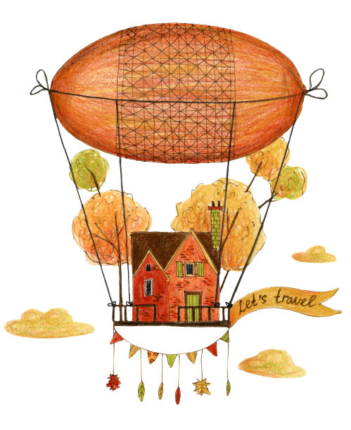 可爱的秋天小屋，树在气球上飞。图片下载