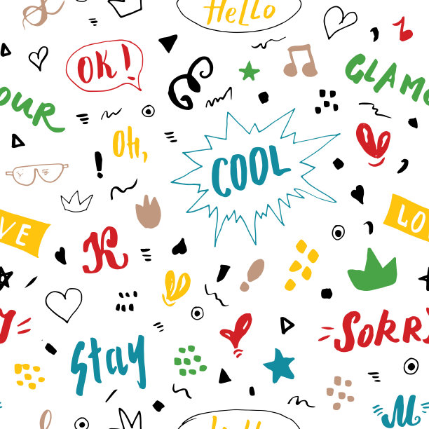 涂鸦无缝模式，手绘波普艺术符号和符号背景，矢量插图图片下载