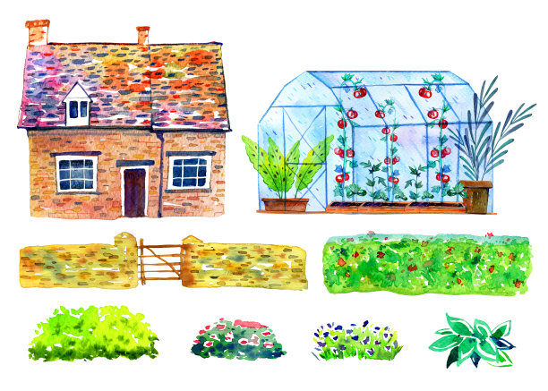 设置村舍，温室内植物，篱笆，灌木。手绘水彩素描插图。在白色背景上隔离图片下载