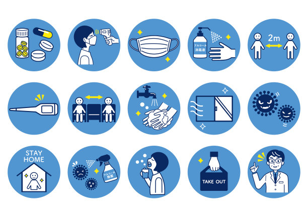 冠状病毒感染预防图标集图片下载