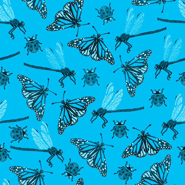 无缝的夏季图案与蝴蝶和蜻蜓图片下载