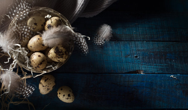 艺术复古风格的图片与复活节彩蛋和羽毛在银篮子在深蓝色的背景。复活节横幅背景;俯视图，平躺与复制空间。图片下载