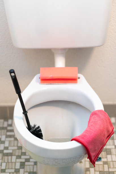 简单的旧瓷砖浴室和卫生间与各种清洁用品图片下载