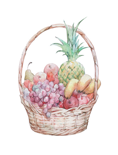 满篮子的水果孤立在白色素材图片