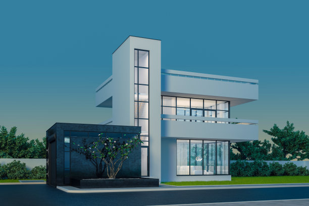 现代住宅，白色灰泥外墙，带阳台和高楼梯，白天，绿色树木和白色围栏背景，街道景观3D插画图片下载