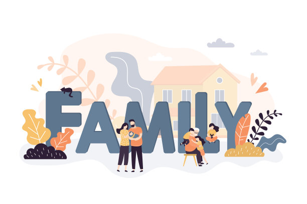 大letters-family。小人摆着不同的姿势。父母花时间陪孩子。周末和孩子们一起活动。图片下载