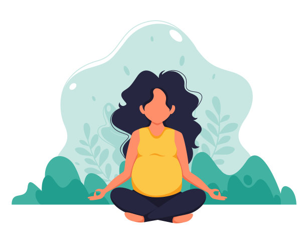 孕妇在自然背景下冥想。瑜伽、冥想、放松、休闲、健康生活方式概念插画。扁平风格矢量图图片下载