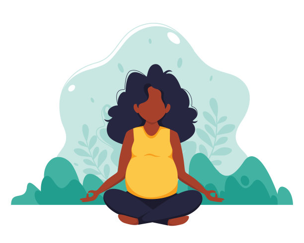 黑人孕妇在自然背景下冥想，瑜伽、冥想、放松、休闲、健康生活概念插画，扁平风格矢量图图片下载