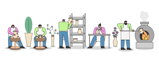 陶艺工作室。艺术家们在车轮上塑造陶罐和陶瓷制品，绘画和燃烧图片下载