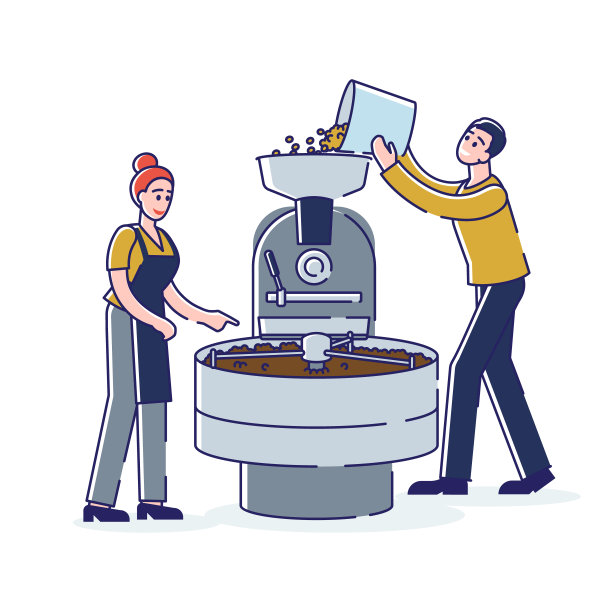 咖啡店的工作人员在烘培机里烘培新鲜的咖啡豆。咖啡生产过程图片下载