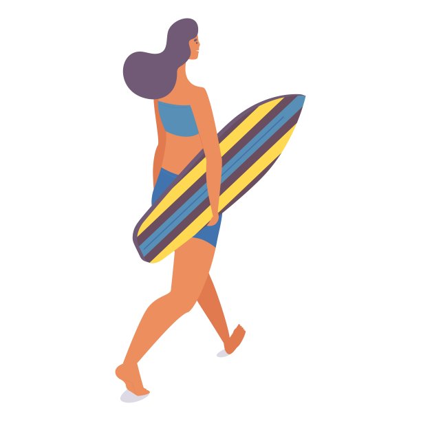 年轻女子与冲浪板等距行走。人物手持冲浪图片下载