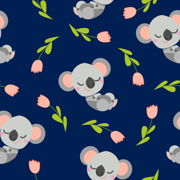 无缝图案与熟睡的考拉宝宝和粉红色郁金香。蓝色背景。平的卡通风格。可爱和有趣。对于孩子，明信片，纺织品，墙纸和包装纸。夏春点缀图片下载
