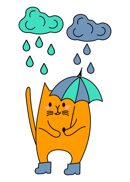 穿着靴子，带着伞的红猫。雨，云和雨滴。图片下载