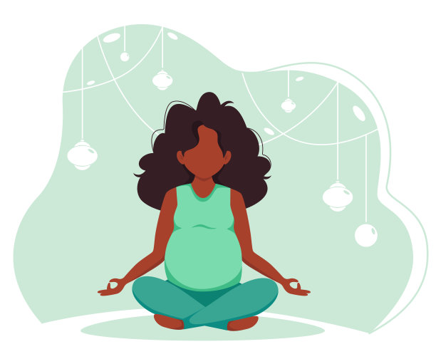 在家练习瑜伽的黑人孕妇，孕期健康概念扁平风格矢量插画图片下载