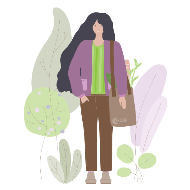 绿色生活方式结束封锁平面矢量插图。年轻妇女拿着纺织袋自然产品。24、零浪费购物，素食主义，环保，生态保护理念图片下载