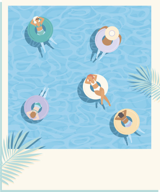 年轻的女孩们漂浮在五颜六色的充气环上，在蓝色的池水里。鸟瞰图。复古风格的明信片矢量设计。图片下载