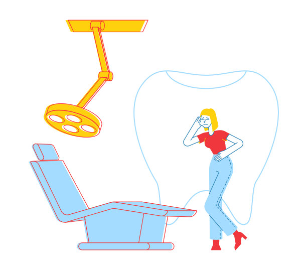 牙齿疼痛的女性患者特征带着设备站在口腔医生柜中的医疗椅上，预约牙医进行口腔检查和治疗。线性向量插图图片下载