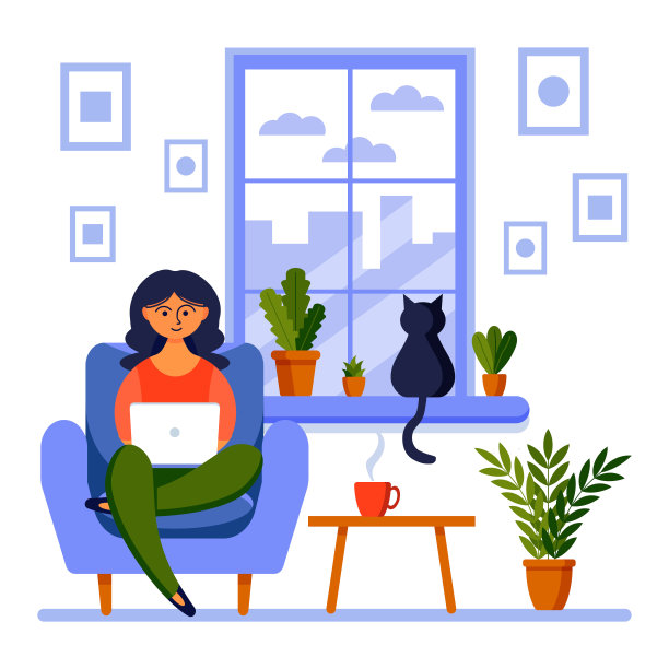 家庭办公概念，女孩与笔记本电脑。一位妇女坐在窗边在家工作。自由职业者或学习，学生或自由职业者的概念。矢量插图在平面风格。图片下载