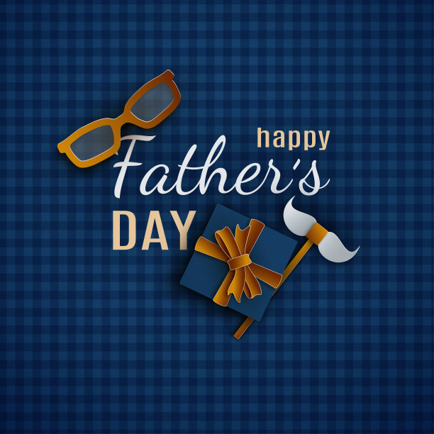 父亲节快乐横幅设计节日贺卡，海报。蓝色方格背景，金色胡子形蝴蝶结，吊带。祝贺文字，纸剪风格，矢量素材图片